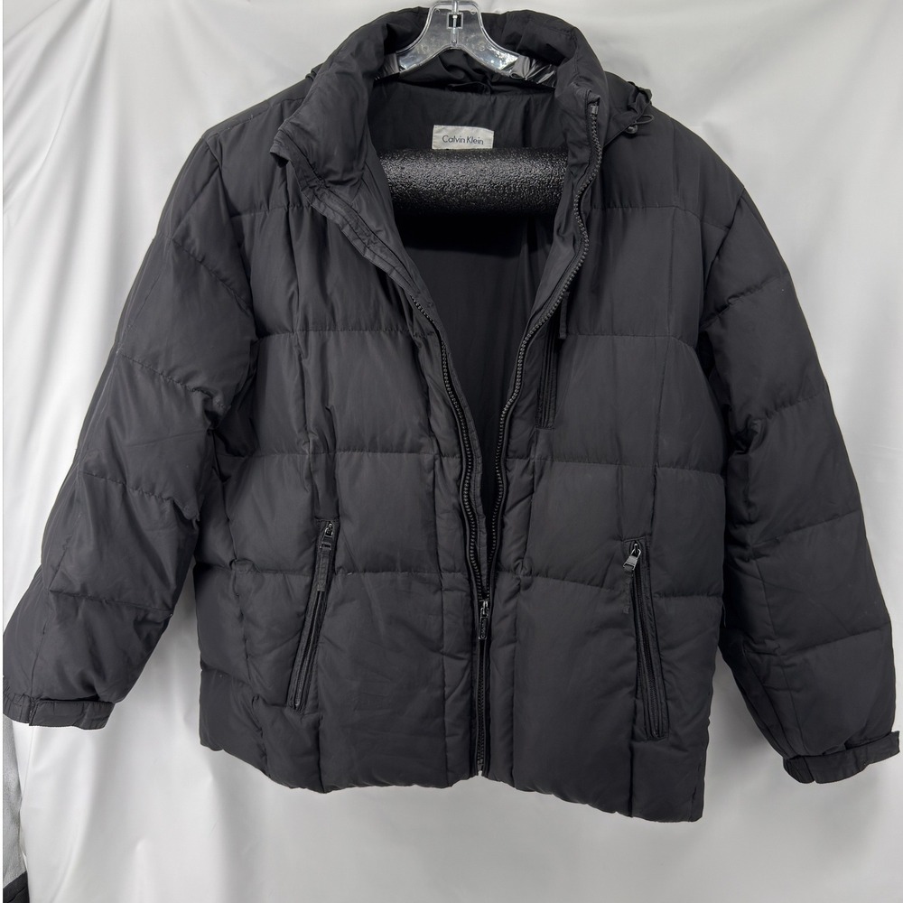 Calvin Klein Puffer Jacket Mens XL Black Down Feather Quilted Hooded Coat